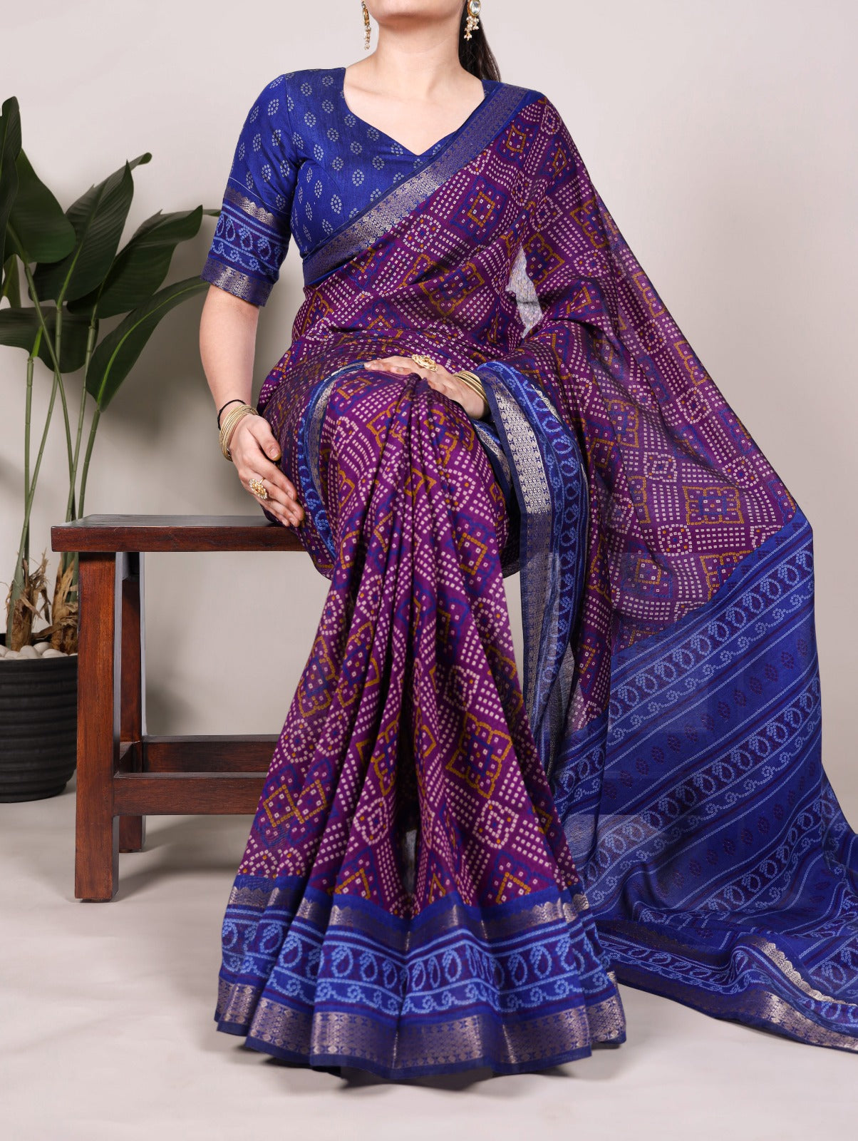 Feel the finesse of polyester viscose Chanderi, styled in Bandhej beauty