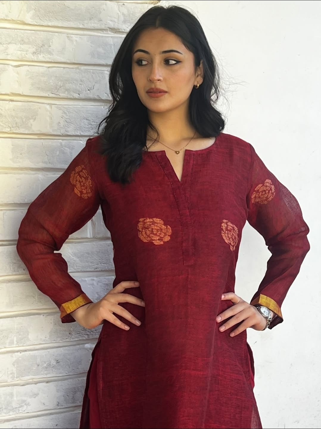 Maroon Kurta Set with Handwoven Border Dupatta