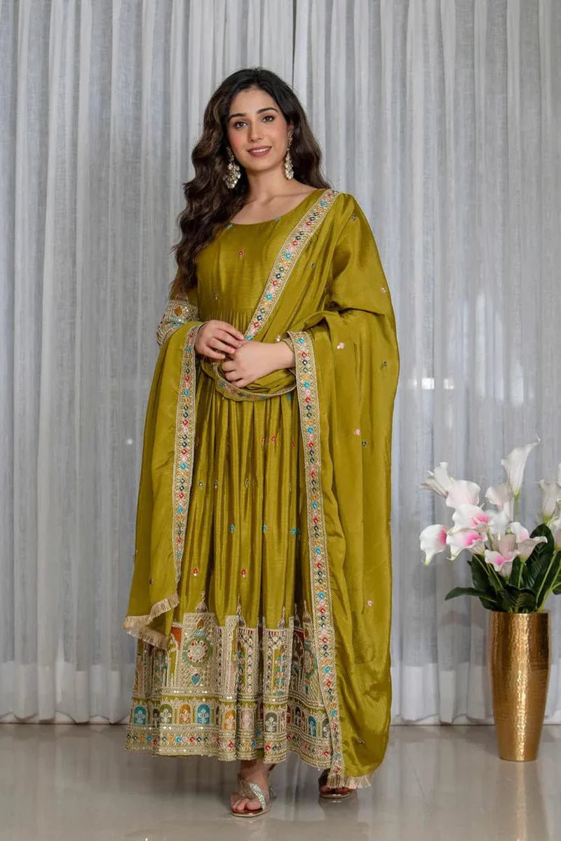 Olive Green Embroidered Anarkali Suit Set with Dupatta