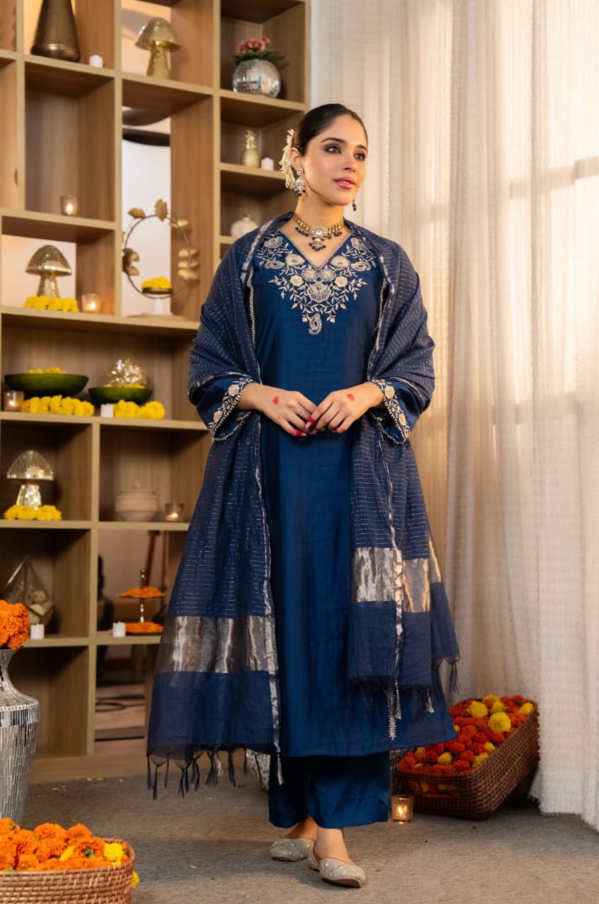 Blue Embroidered Kurta Pant Set with Dupatta