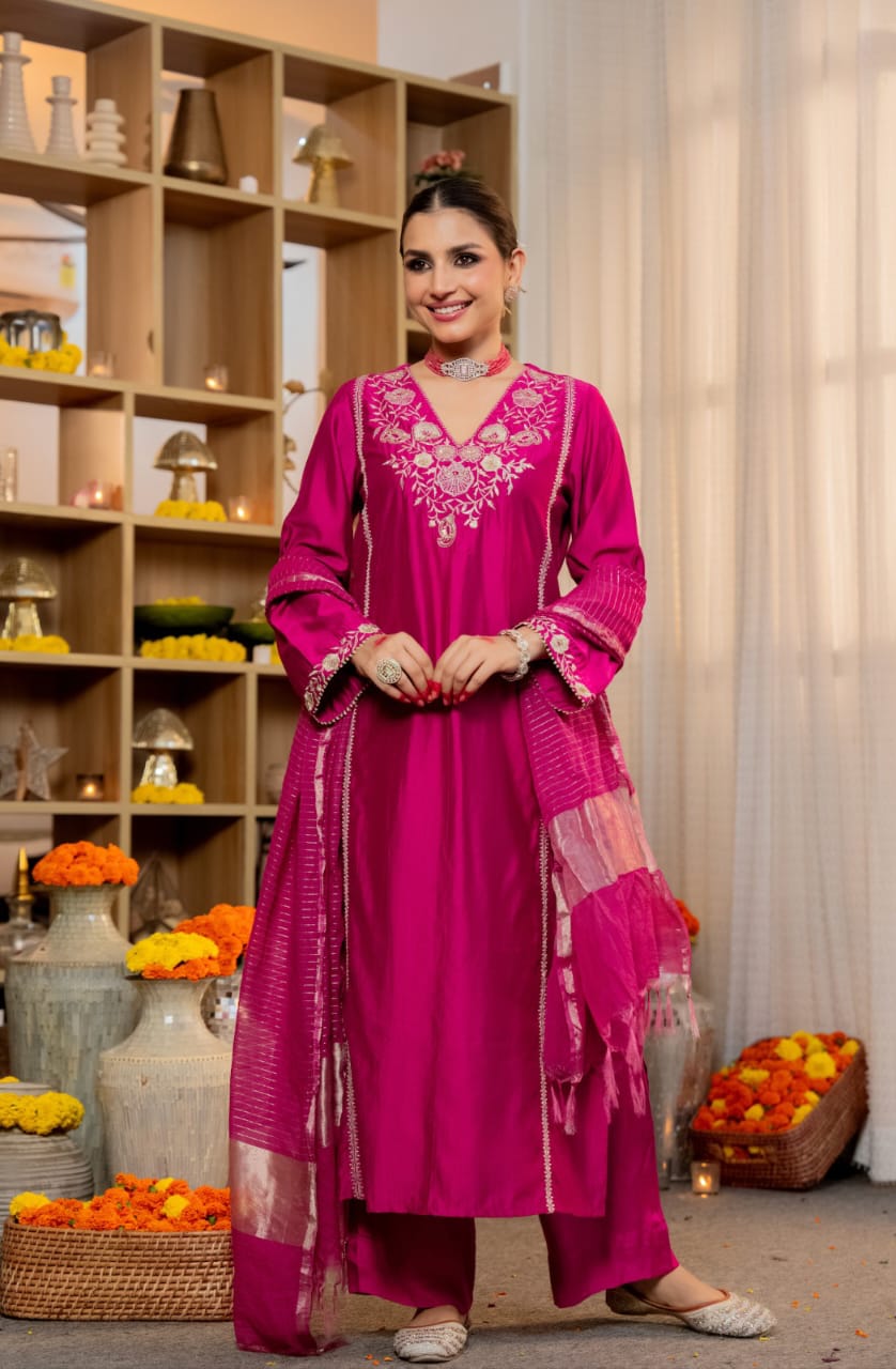 Magenta / Rani Pink Embroidered Kurta Pant Set with Dupatta