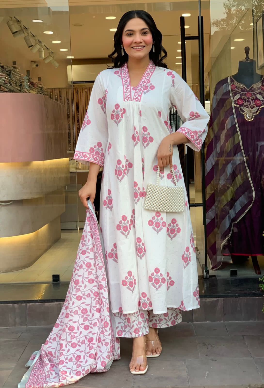 Elegant White & Pink Floral Printed Anarkali Suit Set with Dupatta