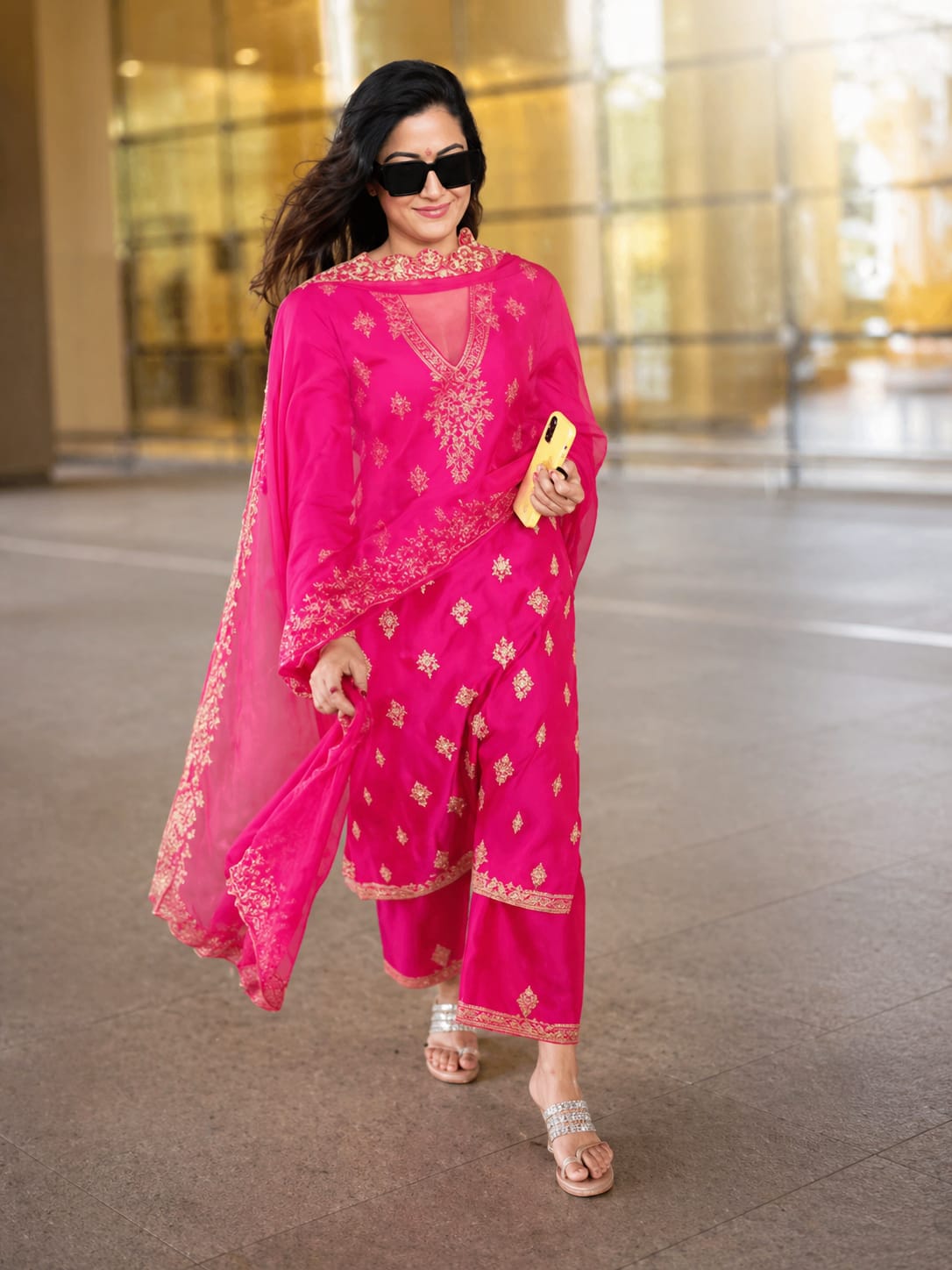 Women’s Hot Pink Embroidered Kurta Palazzo Dupatta Set