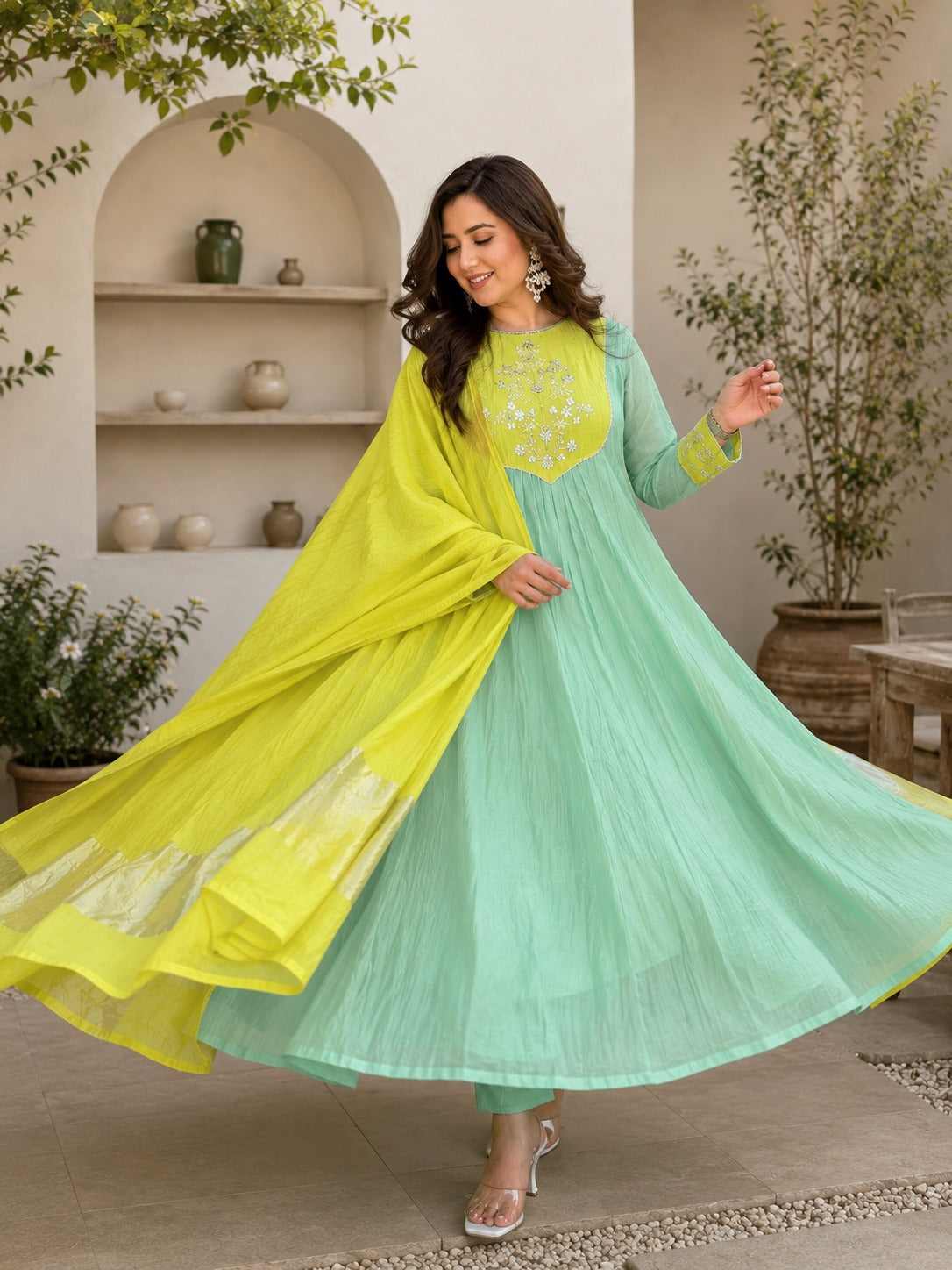 Lime Aqua Anarkali Set