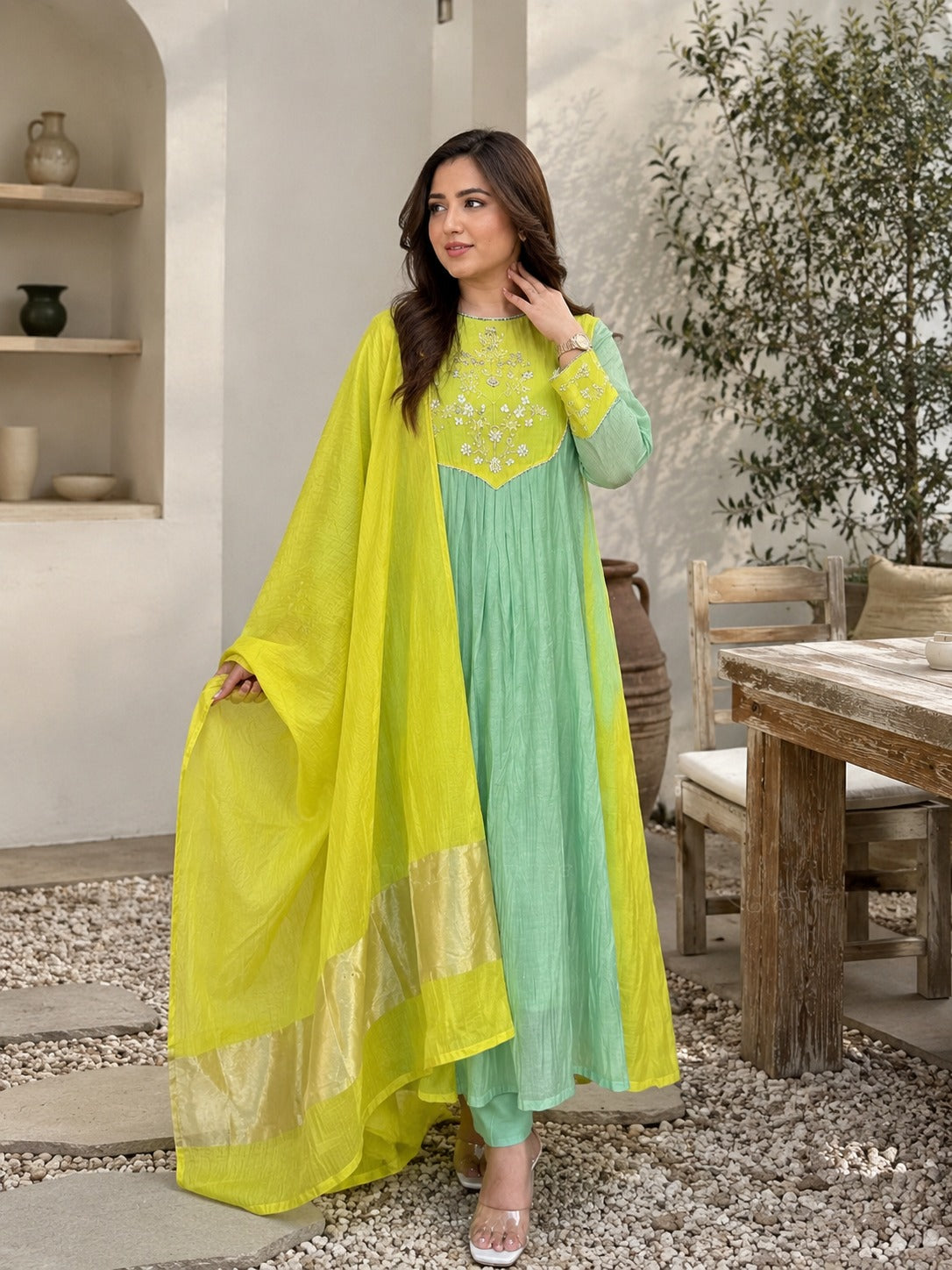 Lime Aqua Anarkali Set
