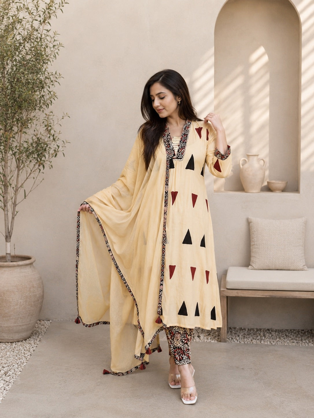 Beige Triangle Anarkali Set