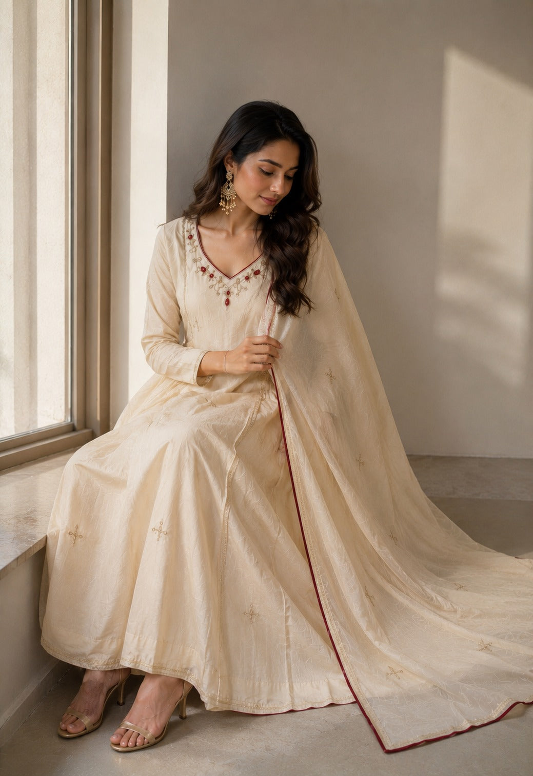 Graceful Off-White Party Wear Anarkali Suit Set