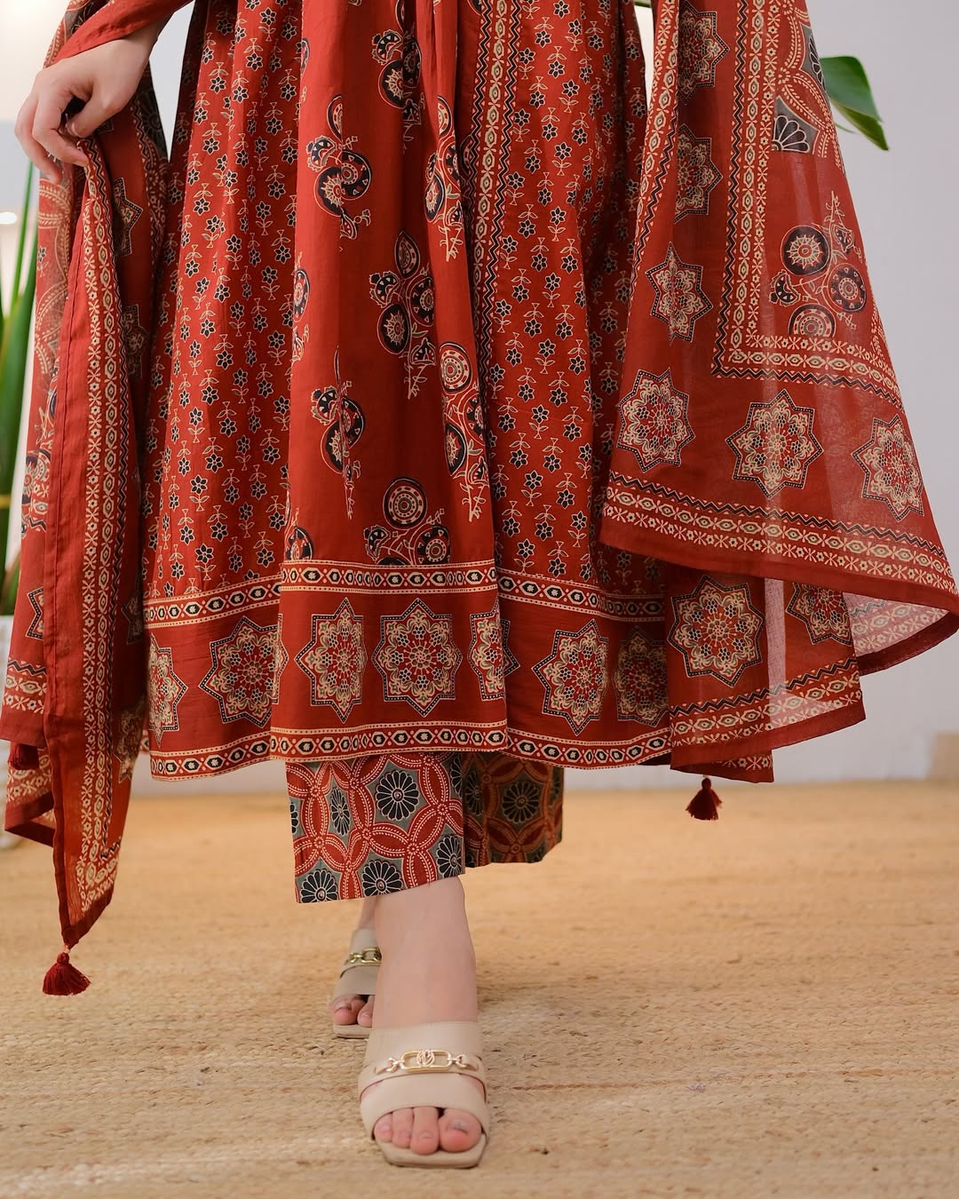 Rust Red Printed Anarkali Kurta Set with Dupatta for Women