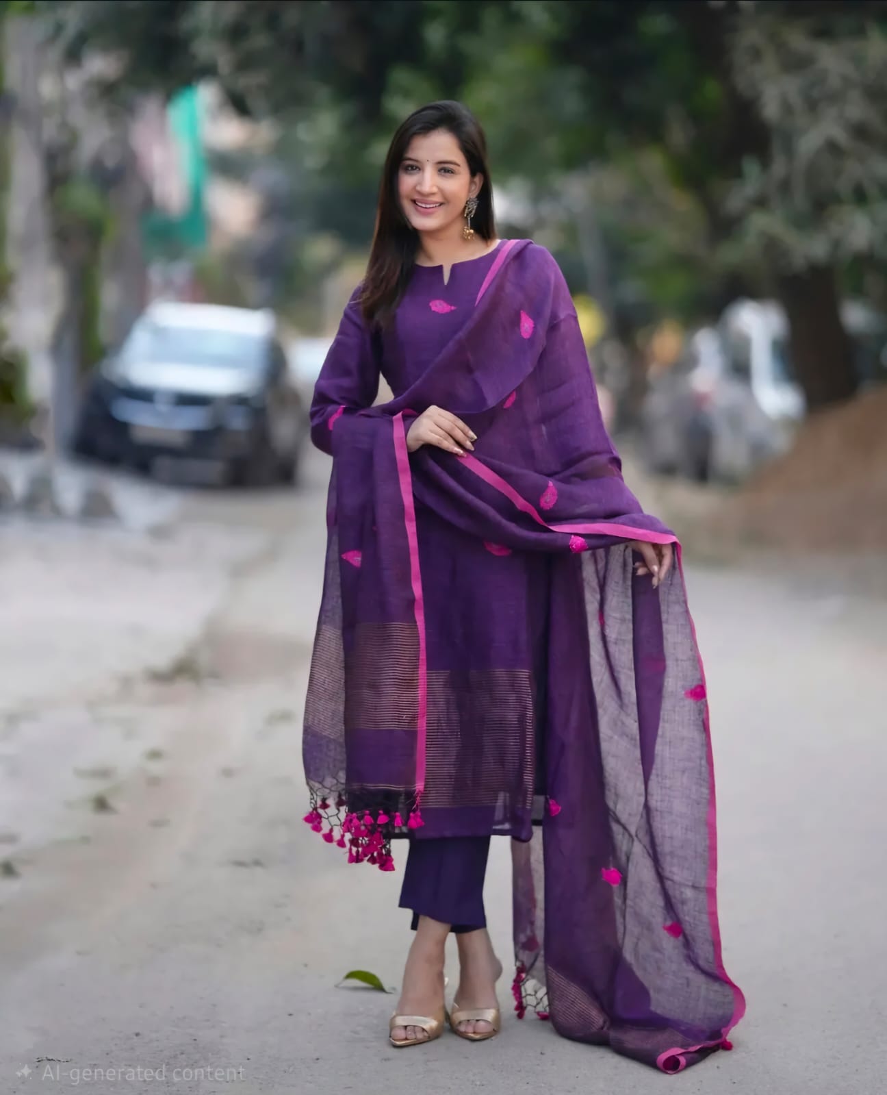 Women's Deep Purple Cotton Blend Kurta Pant Set with Tassel Dupatta
