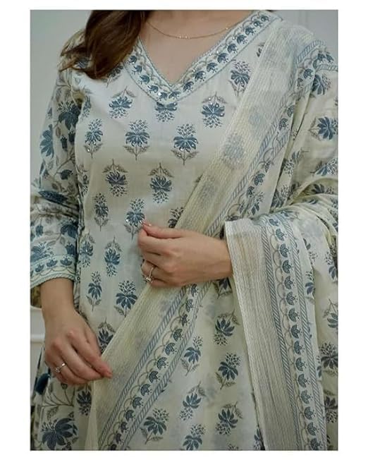 Ivory Blue Floral Printed Anarkali Suit Set with Dupatta
