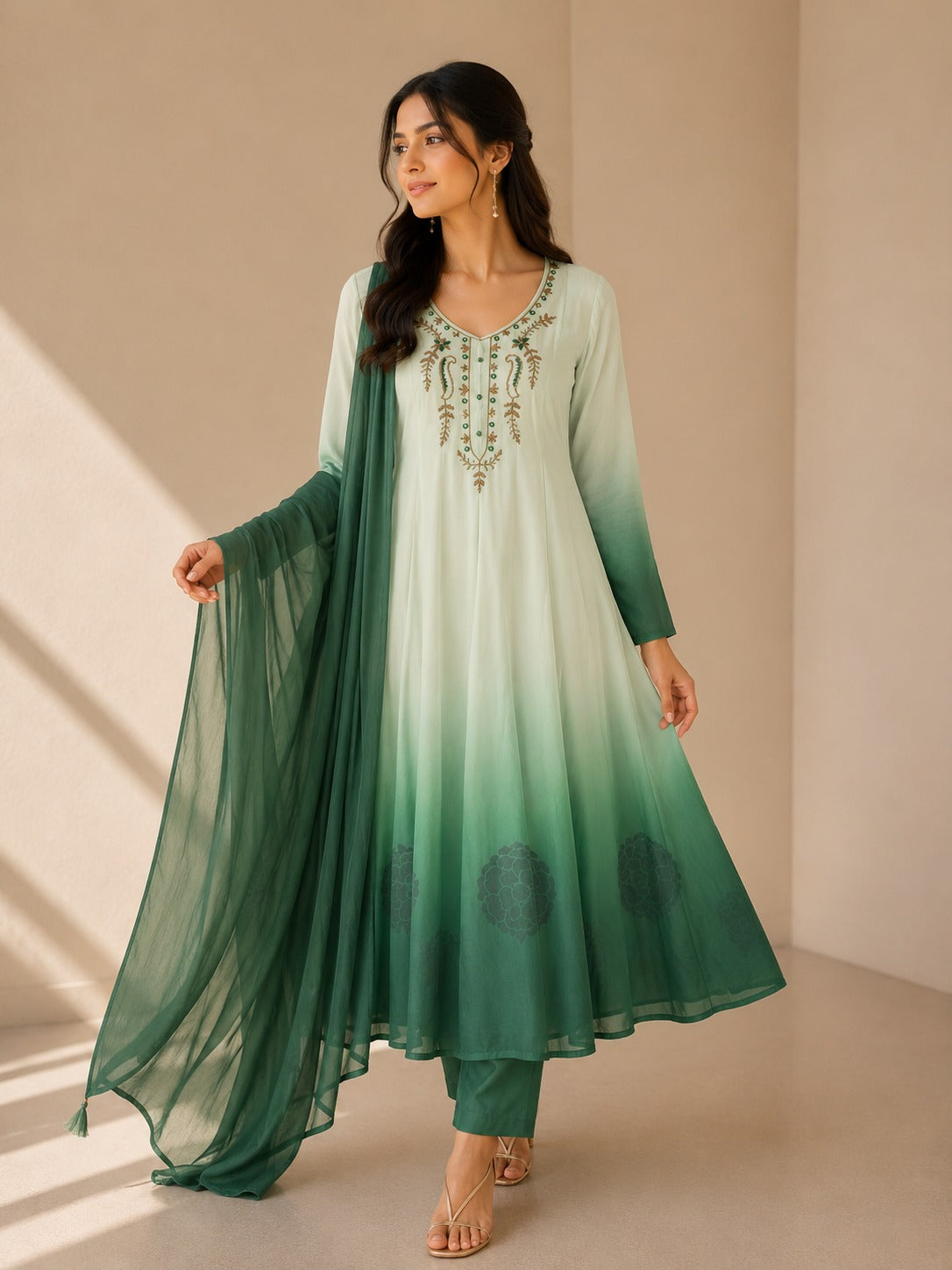 Mint Green Ombre Embroidered Anarkali Suit Set with Dupatta