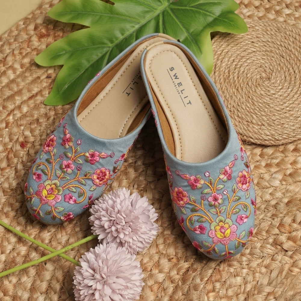 Women's Sky Blue Floral Embroidered Ethnic Mule Jutti – Slip-On Flat Footwear