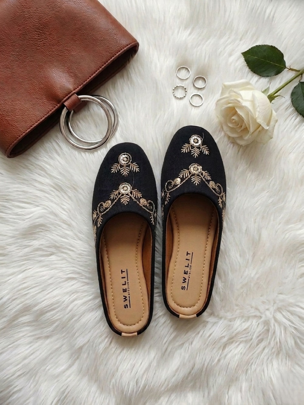 Women's Black Embroidered Ethnic Mule Jutti – Slip-On Flat Footwear