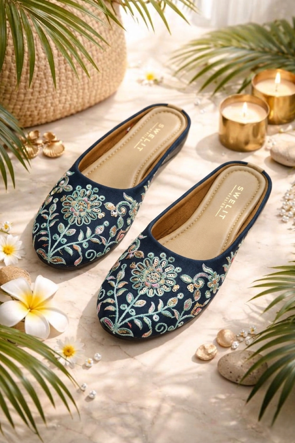 Women's Navy Blue Floral Embroidered Ethnic Mule Jutti – Slip-On Flat Footwear
