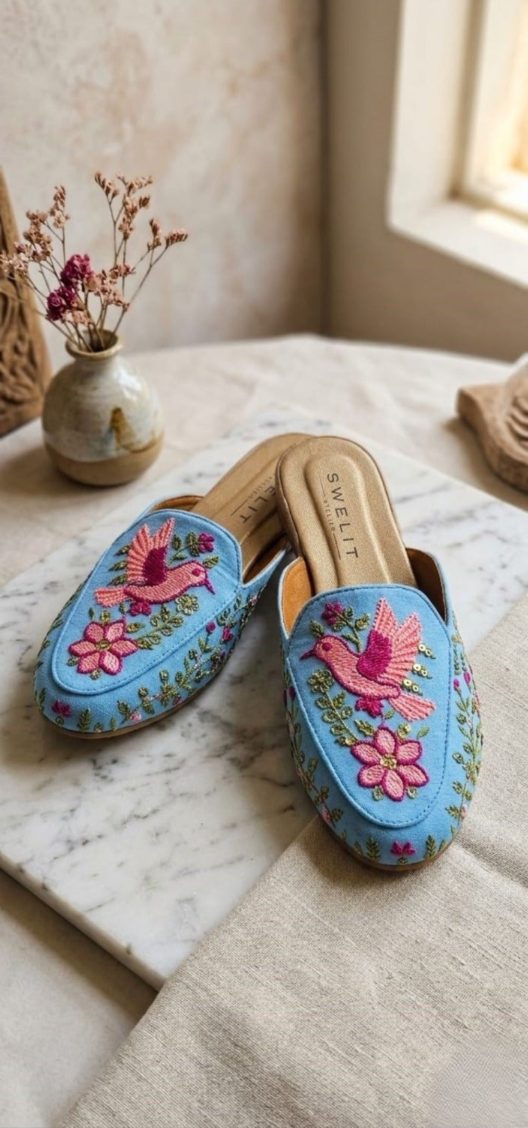 Women's Sky Blue Bird Embroidered Ethnic Mule Jutti – Slip-On Flat Footwear