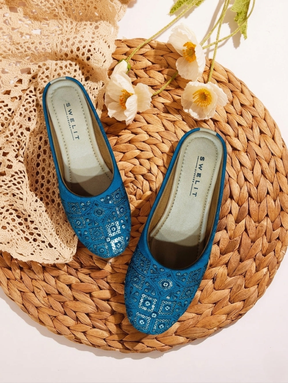 Women's Blue Mirror Work Mule Jutti
