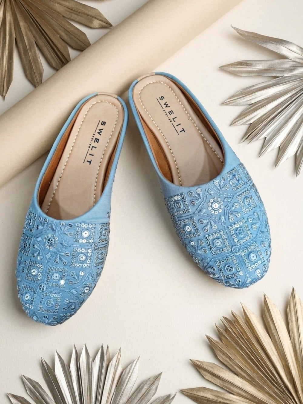 Women's Sky Blue Mirror Work Embroidered Mule Jutti