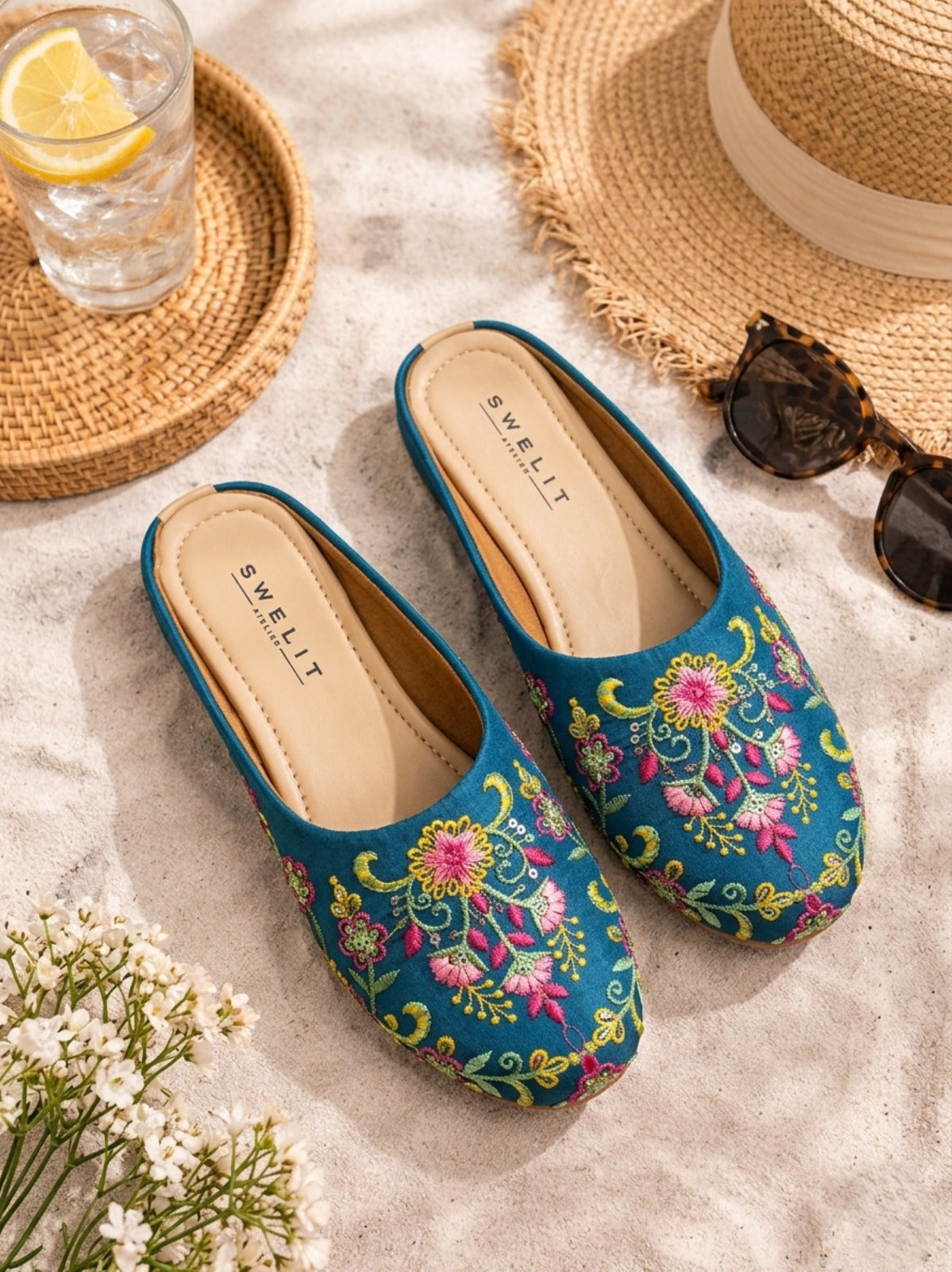 Women's Teal Blue Floral Embroidered Ethnic Mule Jutti – Slip-On Flat Footwear