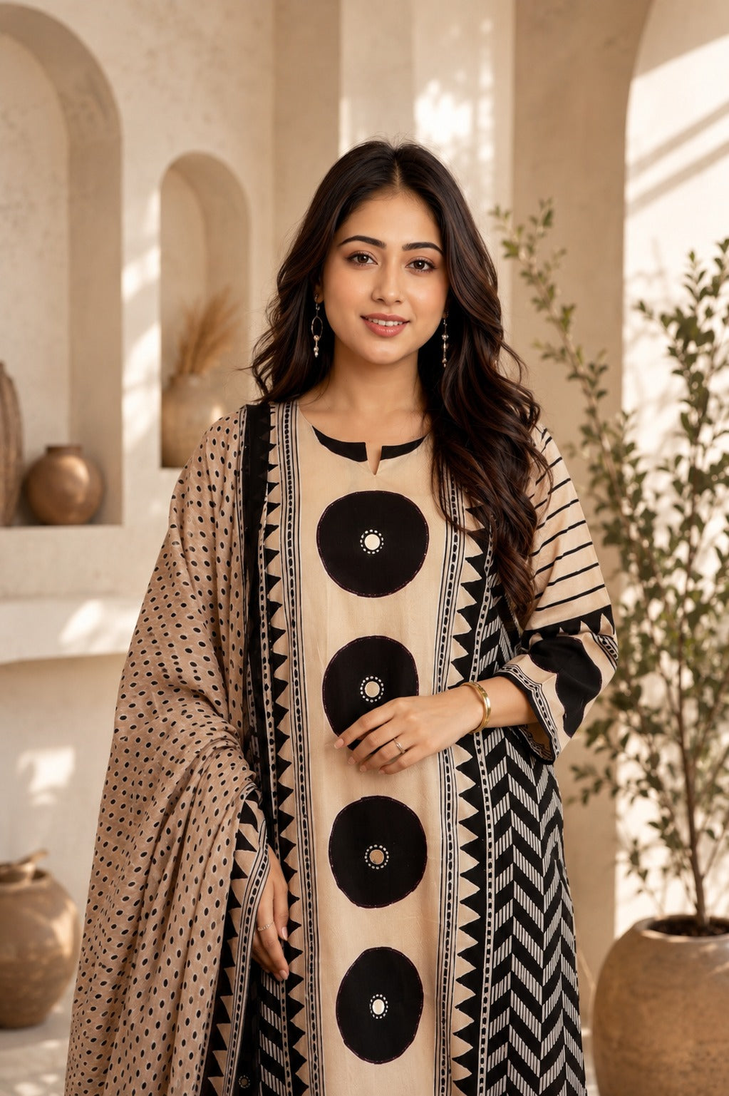 Elegant Black & Beige Printed Cotton Kurta Set with Dupatta