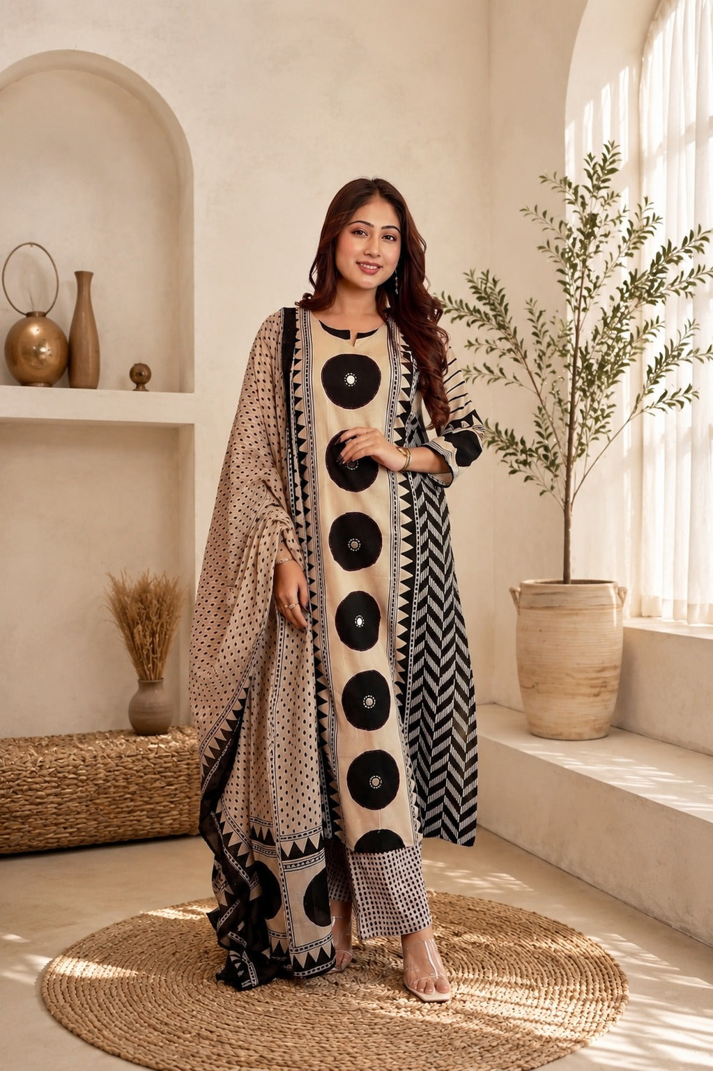 Elegant Black & Beige Printed Cotton Kurta Set with Dupatta