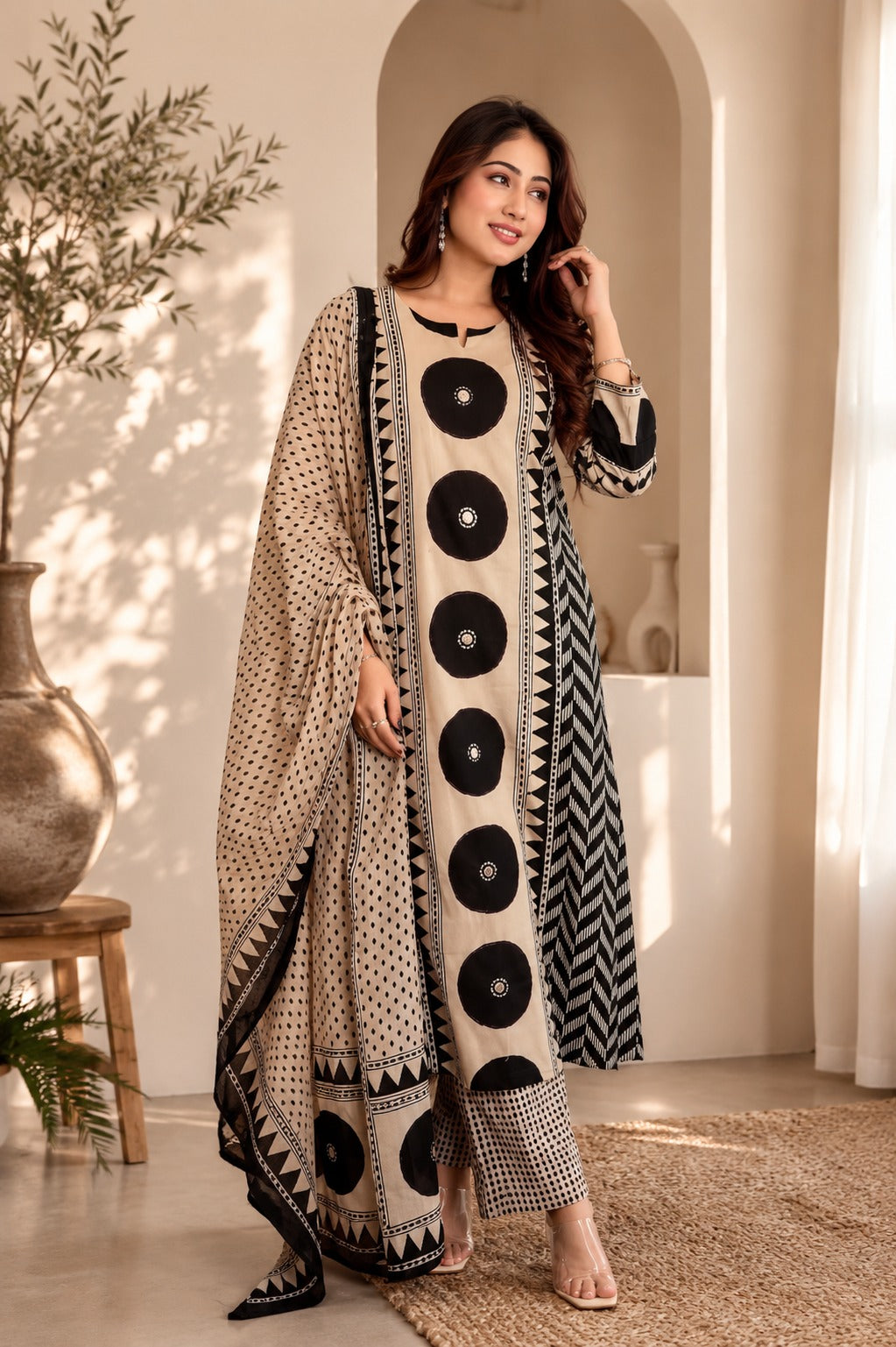 Elegant Black & Beige Printed Cotton Kurta Set with Dupatta