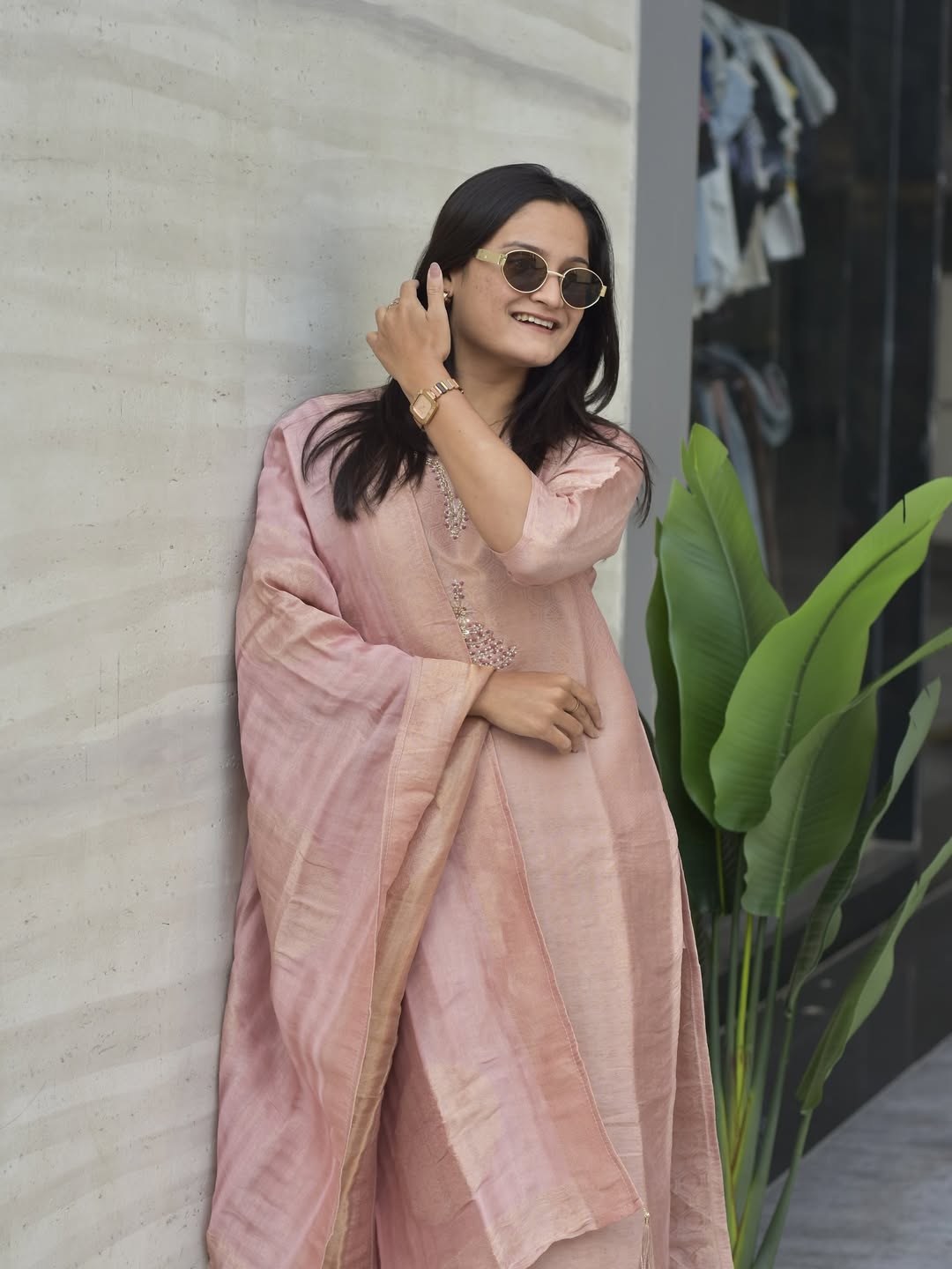 Women's Blush Pink Tissue Silk Embroidered Kurta Pant & Dupatta Set