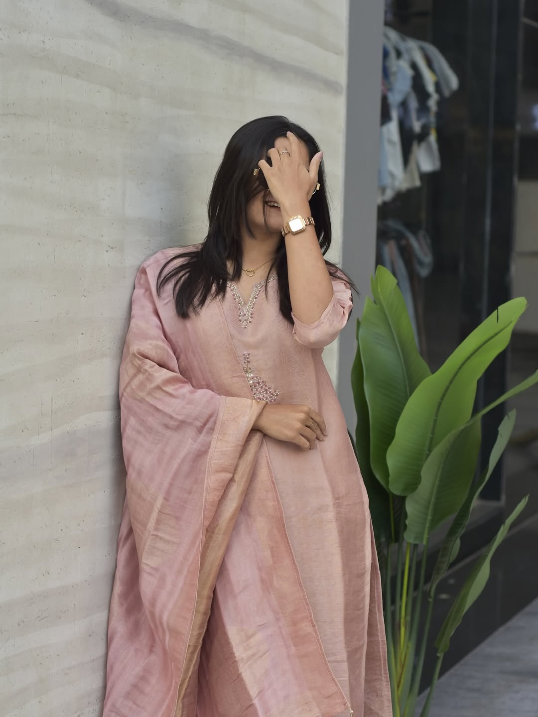 Women's Blush Pink Tissue Silk Embroidered Kurta Pant & Dupatta Set