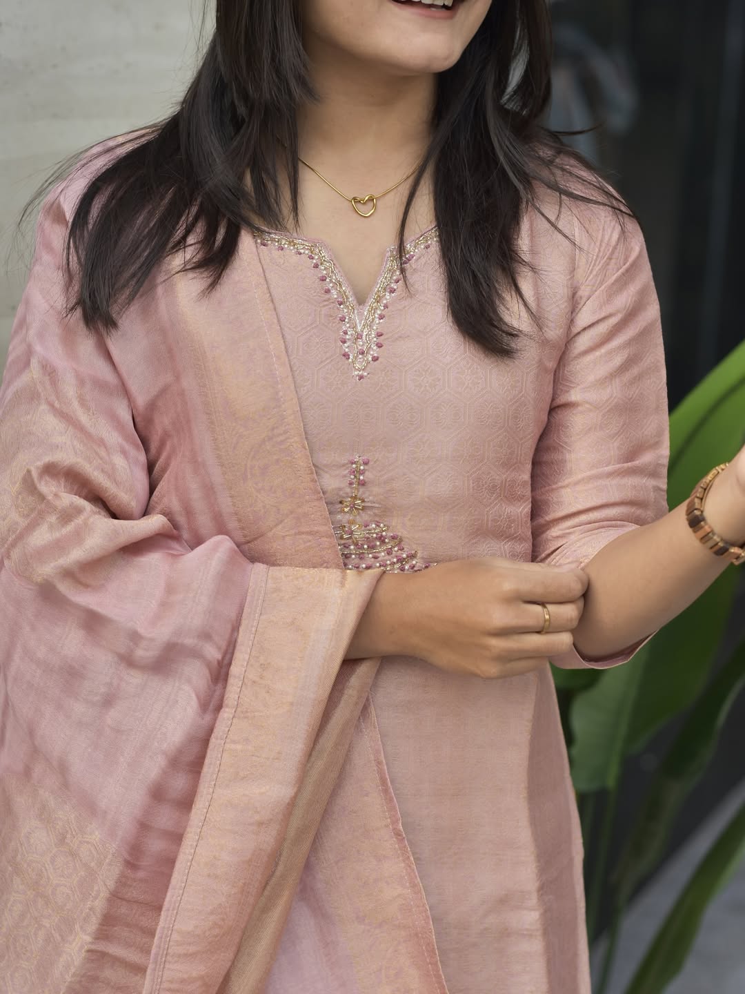 Women's Blush Pink Tissue Silk Embroidered Kurta Pant & Dupatta Set