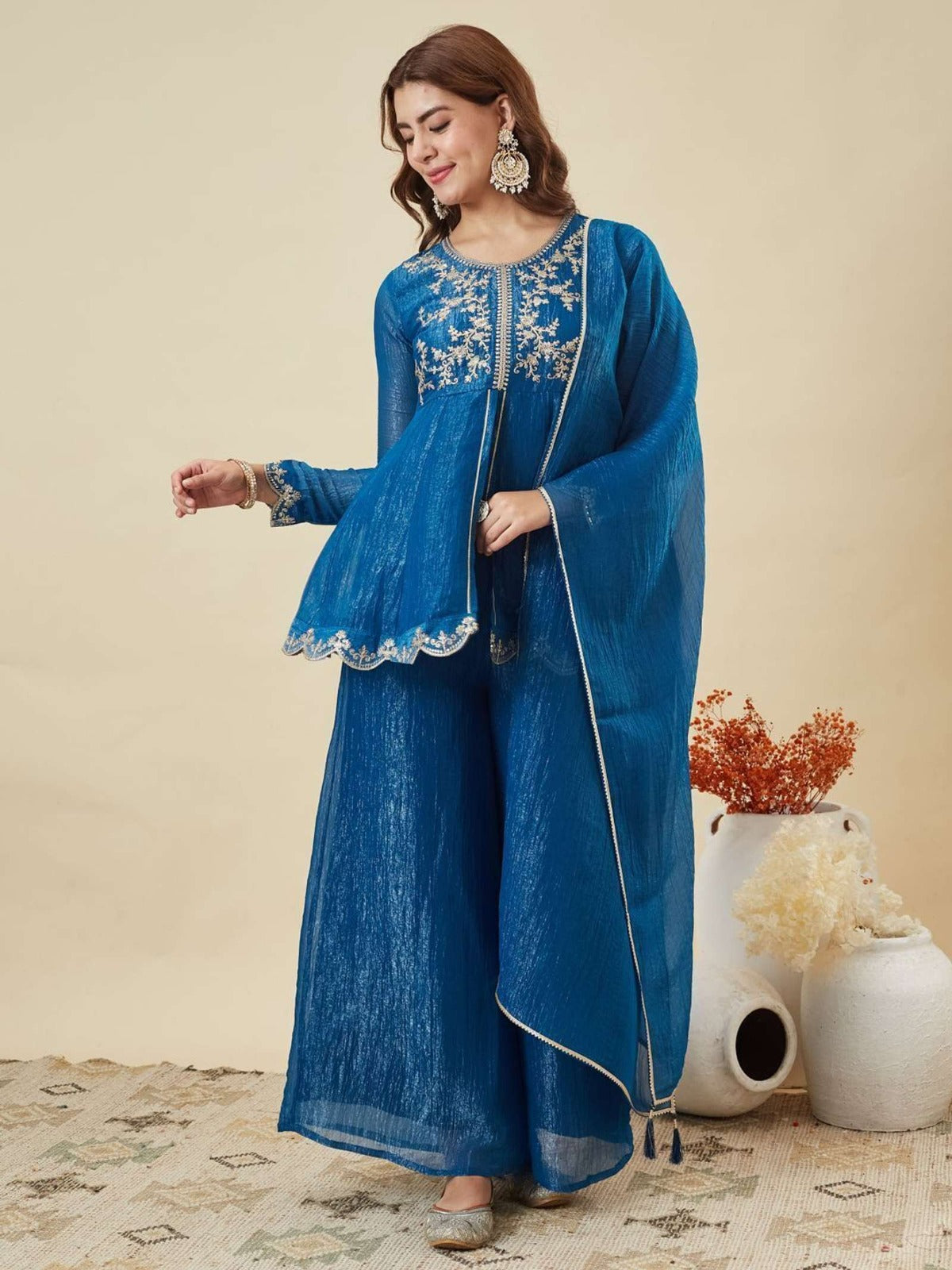 Women's Royal Blue Embroidered Kurta Palazzo Set with Dupatta
