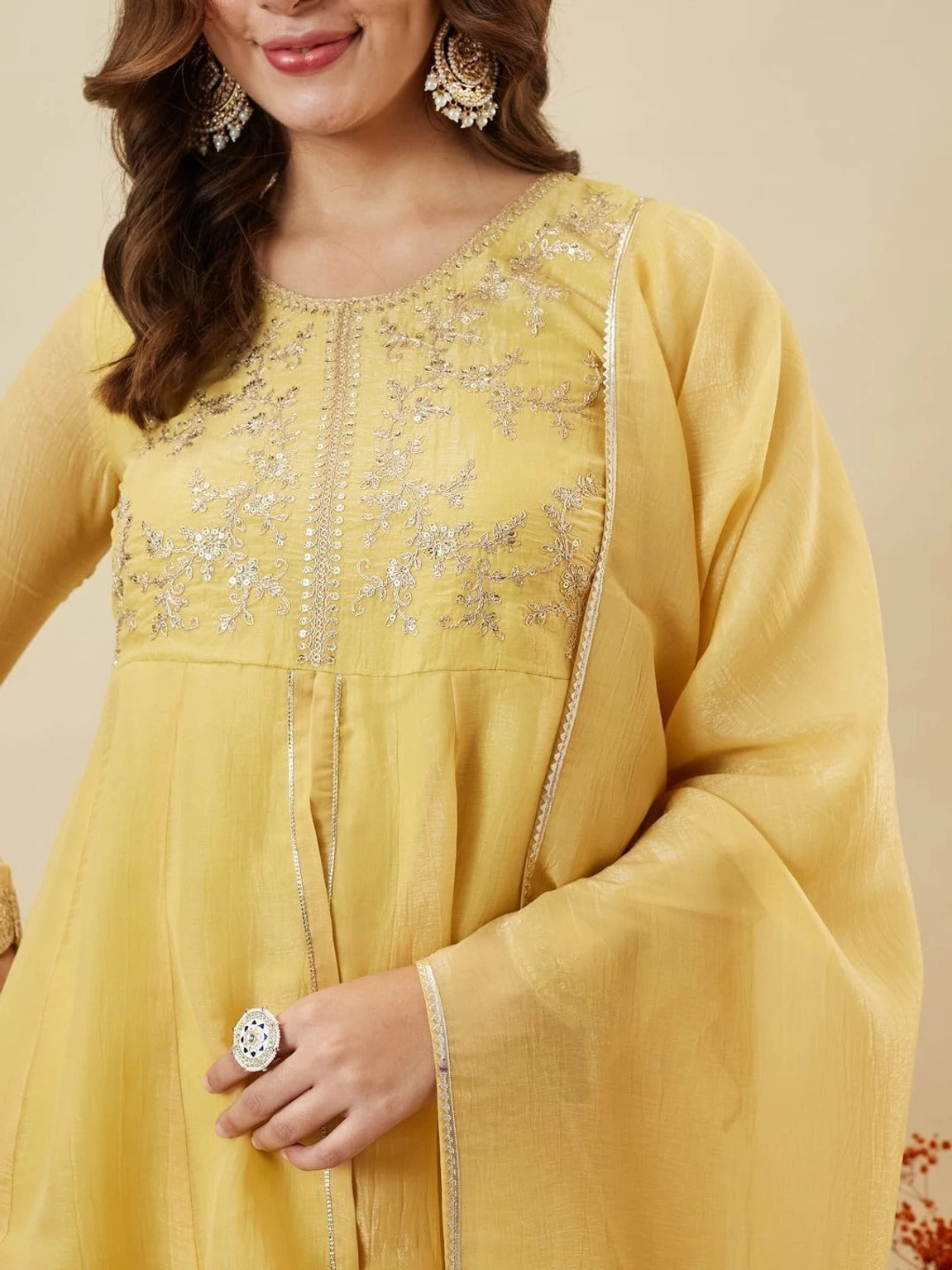 Women's Mustard Yellow Embroidered Kurta Palazzo Set with Dupatta