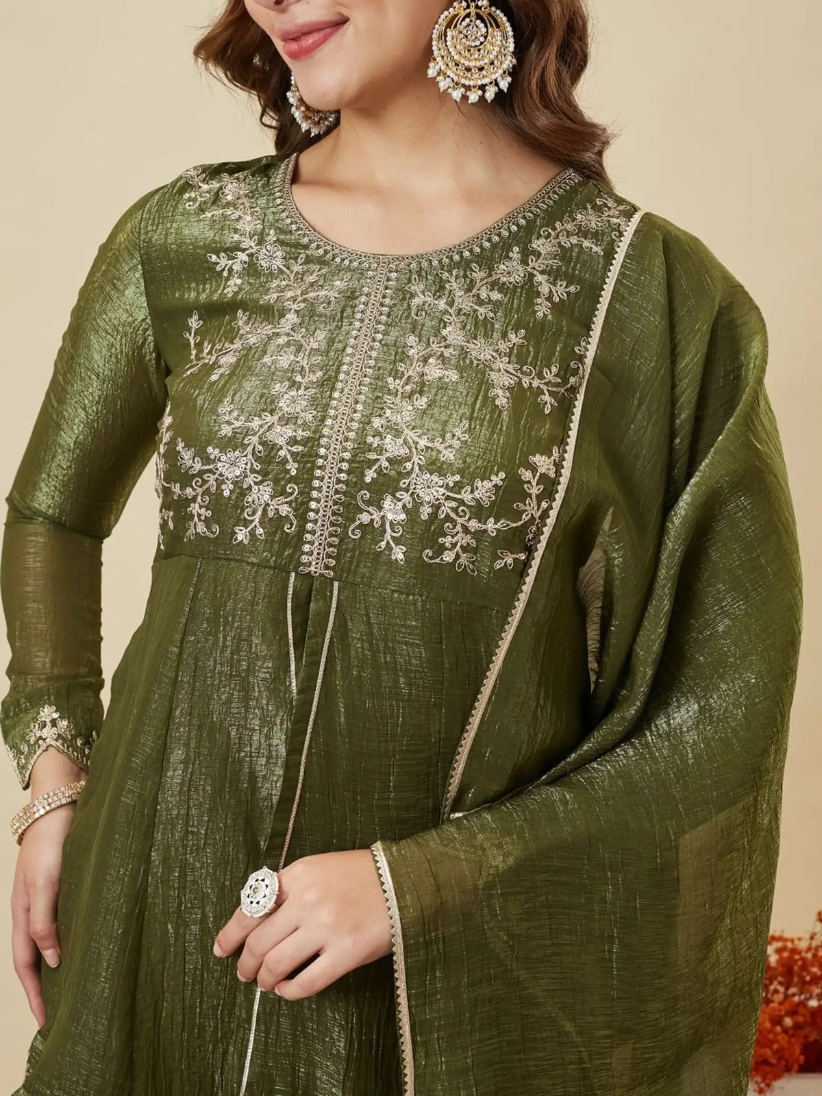 Women's Olive Green Embroidered Kurta Palazzo Set with Dupatta