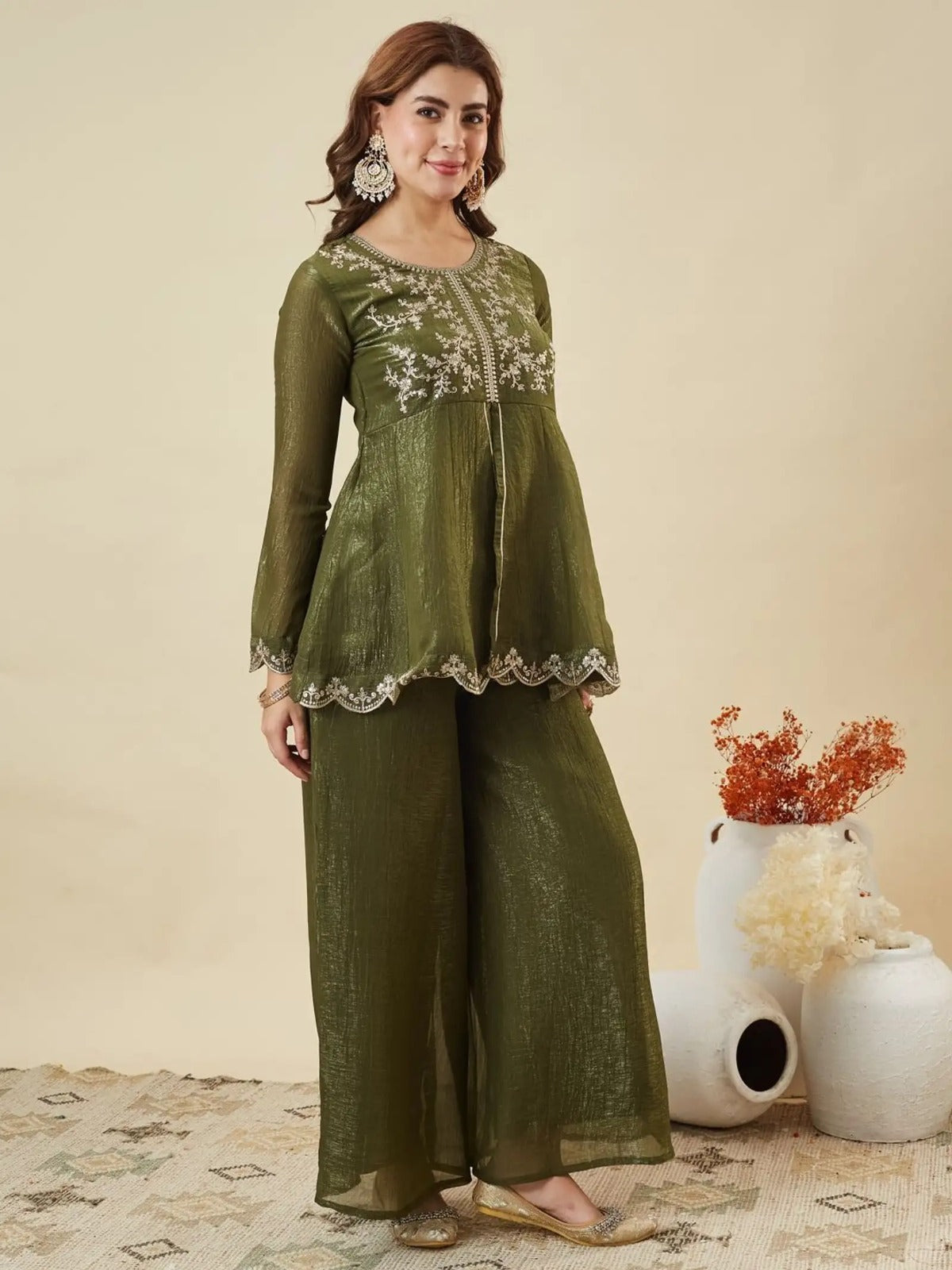 Women's Olive Green Embroidered Kurta Palazzo Set with Dupatta