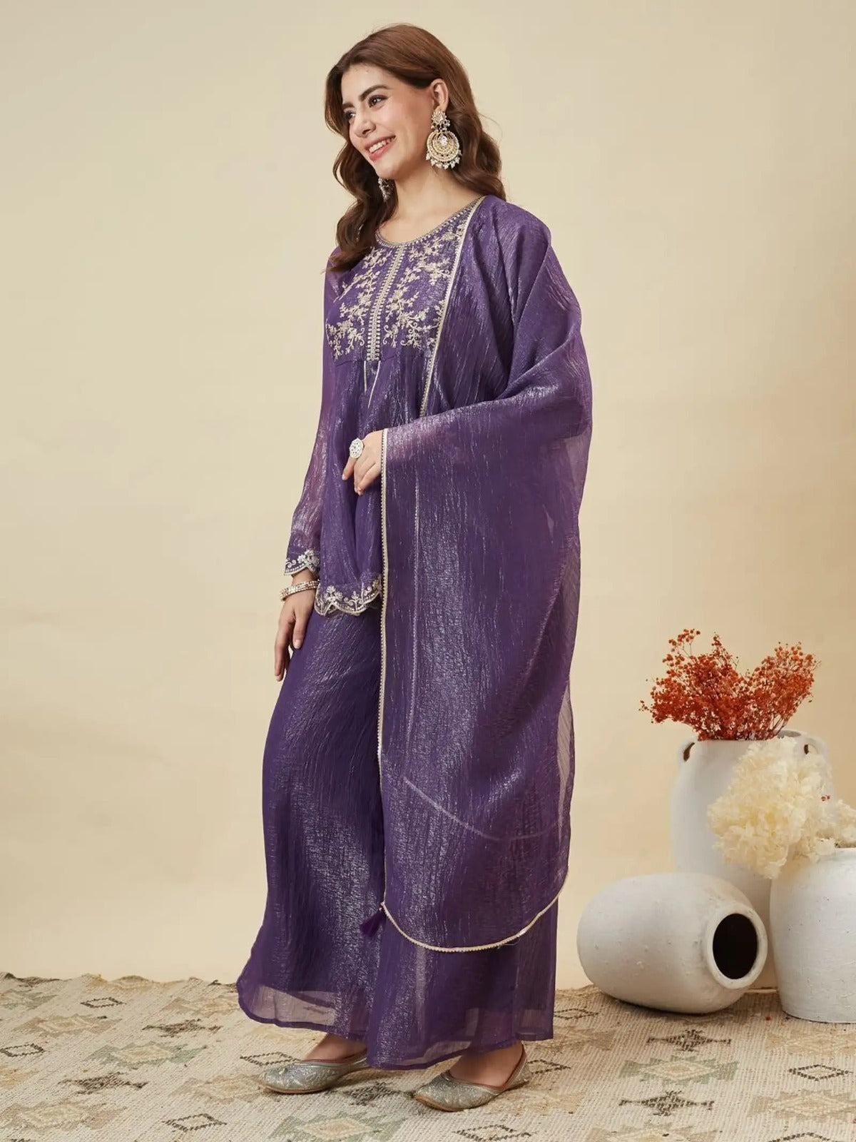 Women's Purple Embroidered Kurta Palazzo Set with Dupatta