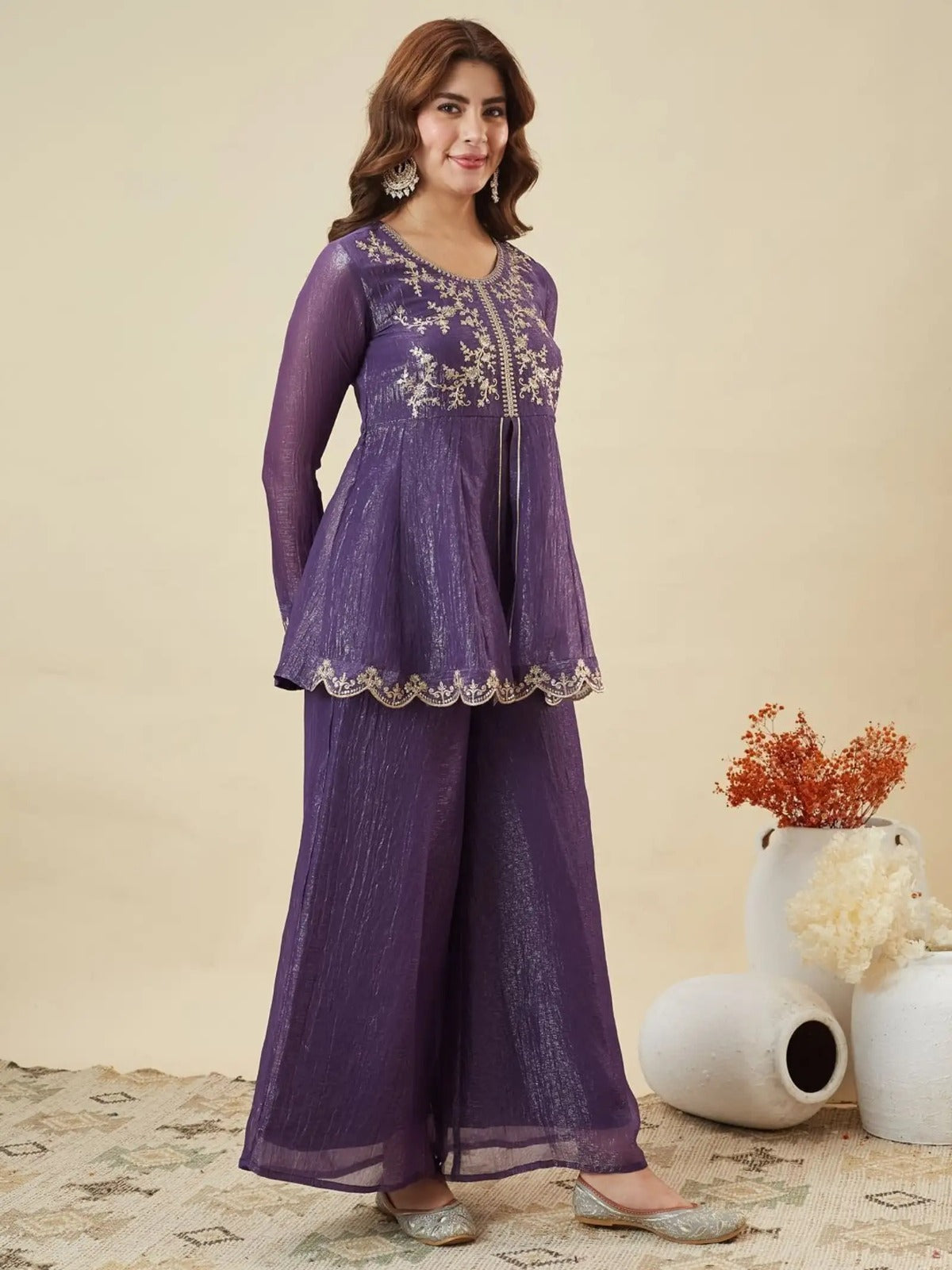 Women's Purple Embroidered Kurta Palazzo Set with Dupatta