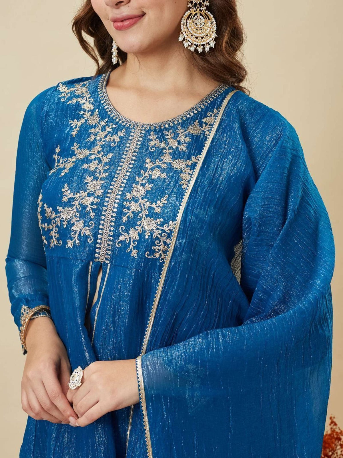 Women's Royal Blue Embroidered Kurta Palazzo Set with Dupatta