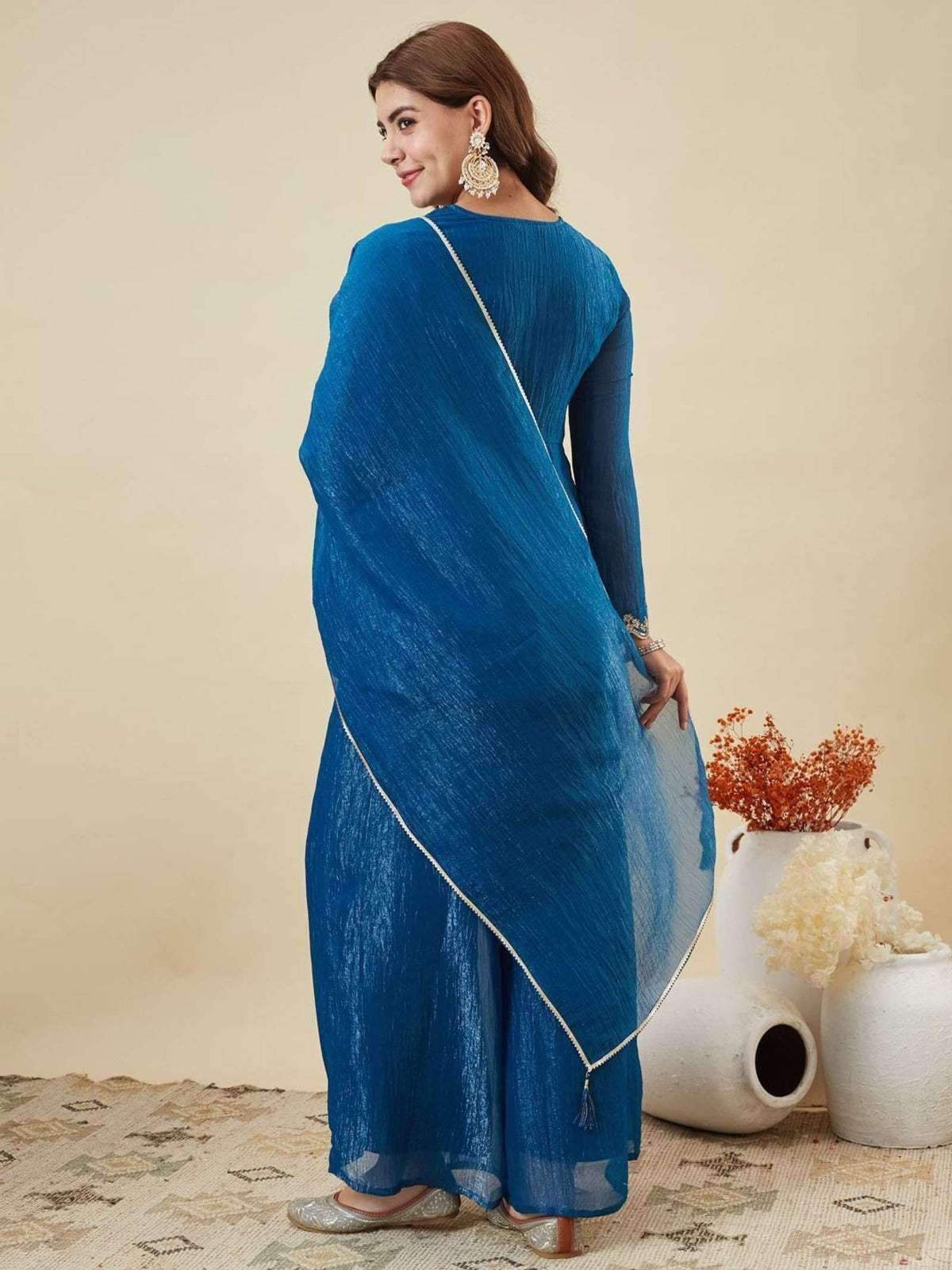 Women's Royal Blue Embroidered Kurta Palazzo Set with Dupatta