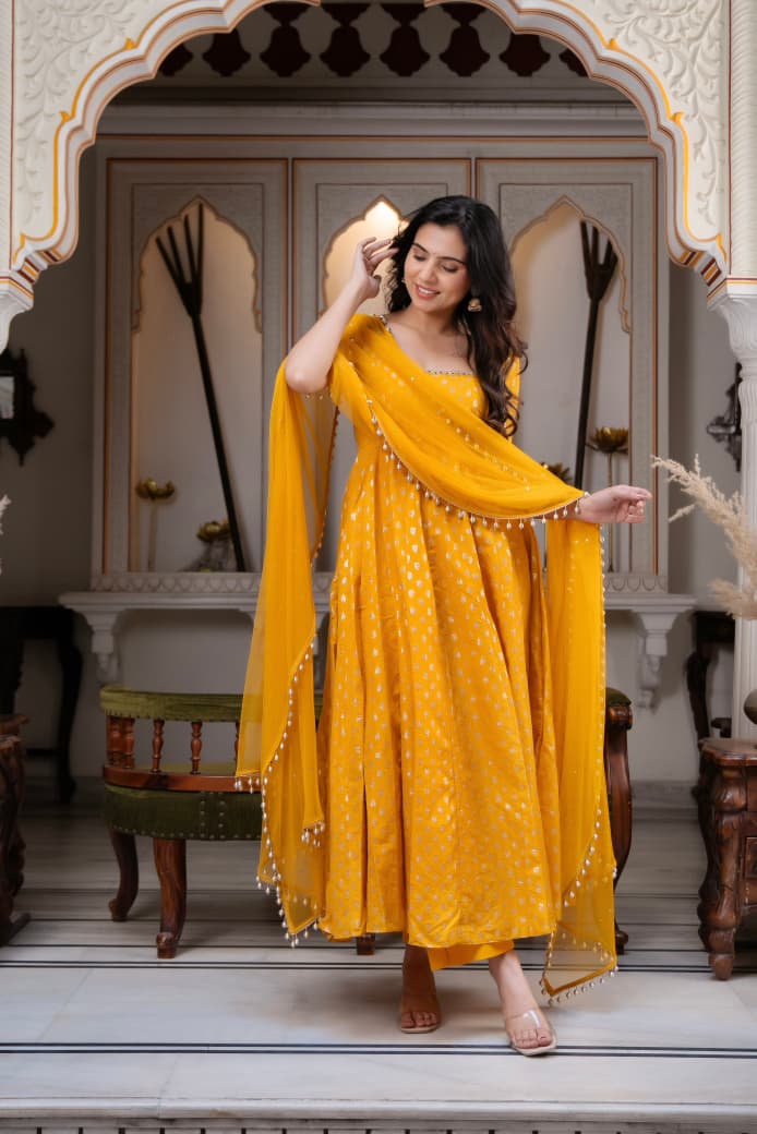 Mustard Yellow Foil Print Anarkali Gown Set with Dupatta