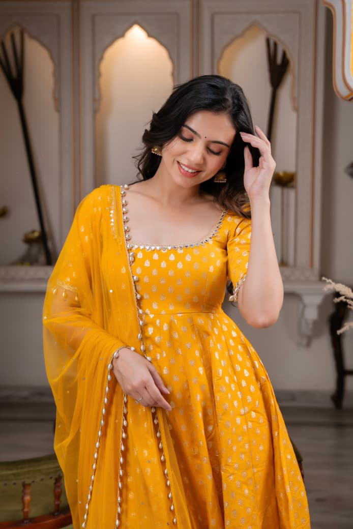 Mustard Yellow Foil Print Anarkali Gown Set with Dupatta