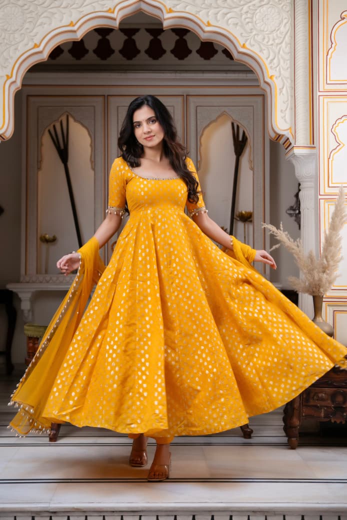 Mustard Yellow Foil Print Anarkali Gown Set with Dupatta
