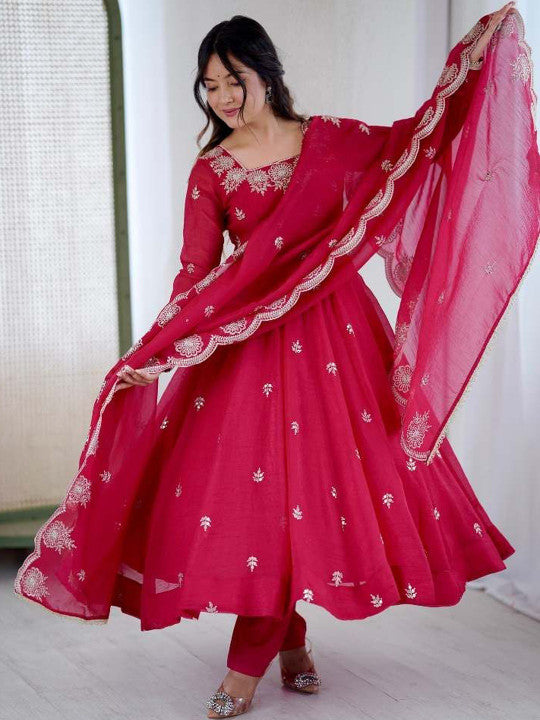 Women's Rani Pink Embroidered Anarkali Kurta Pant & Dupatta Set