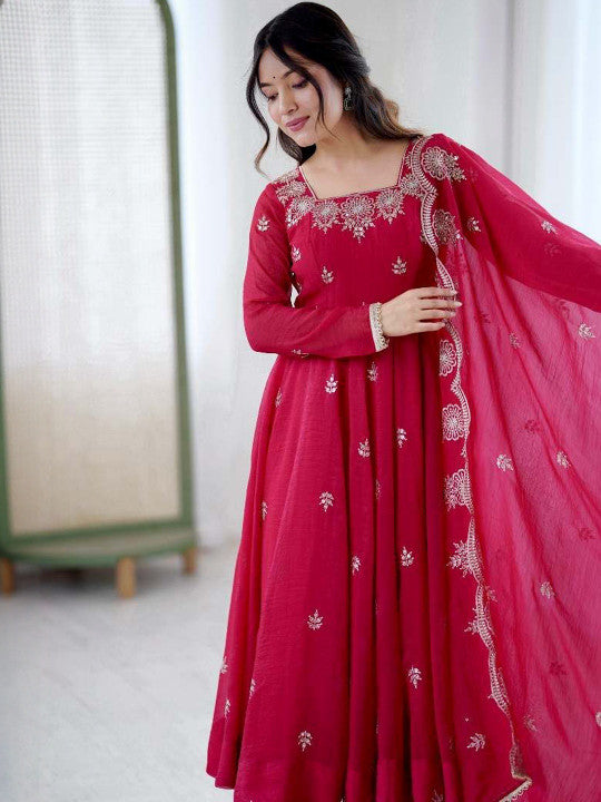 Women's Rani Pink Embroidered Anarkali Kurta Pant & Dupatta Set