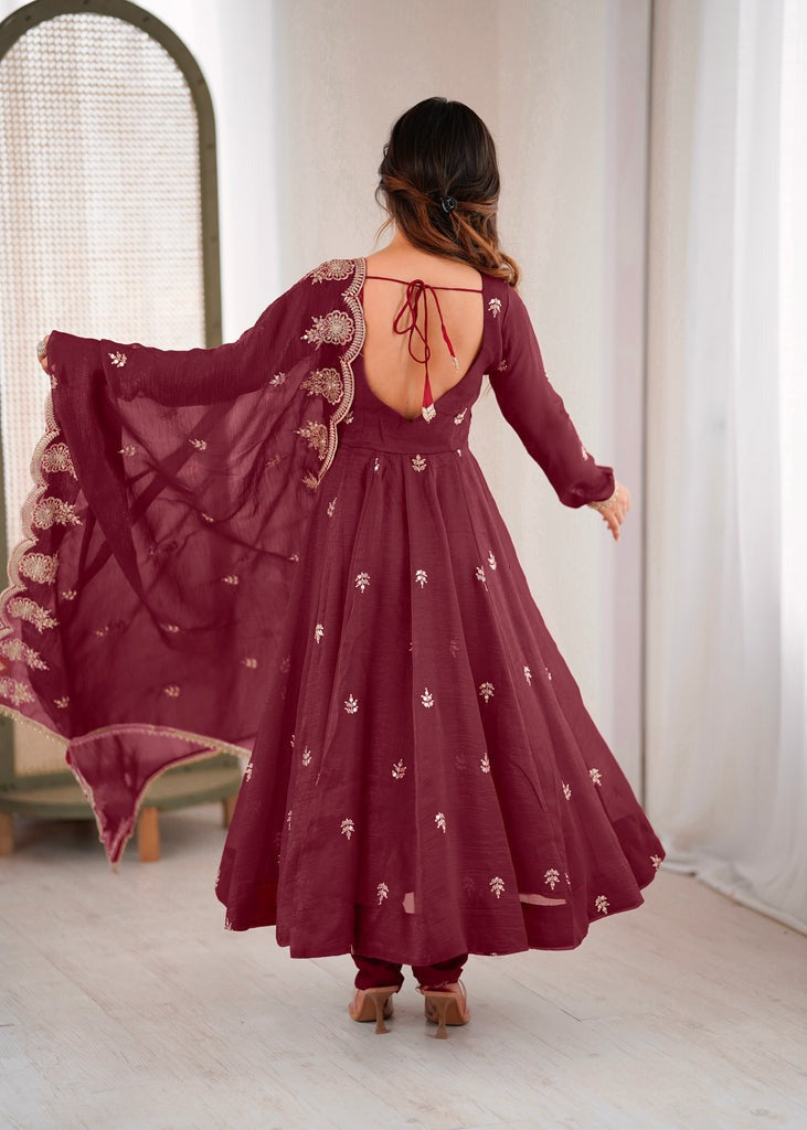 Women's Maroon Embroidered Anarkali Kurta Pant & Dupatta Set