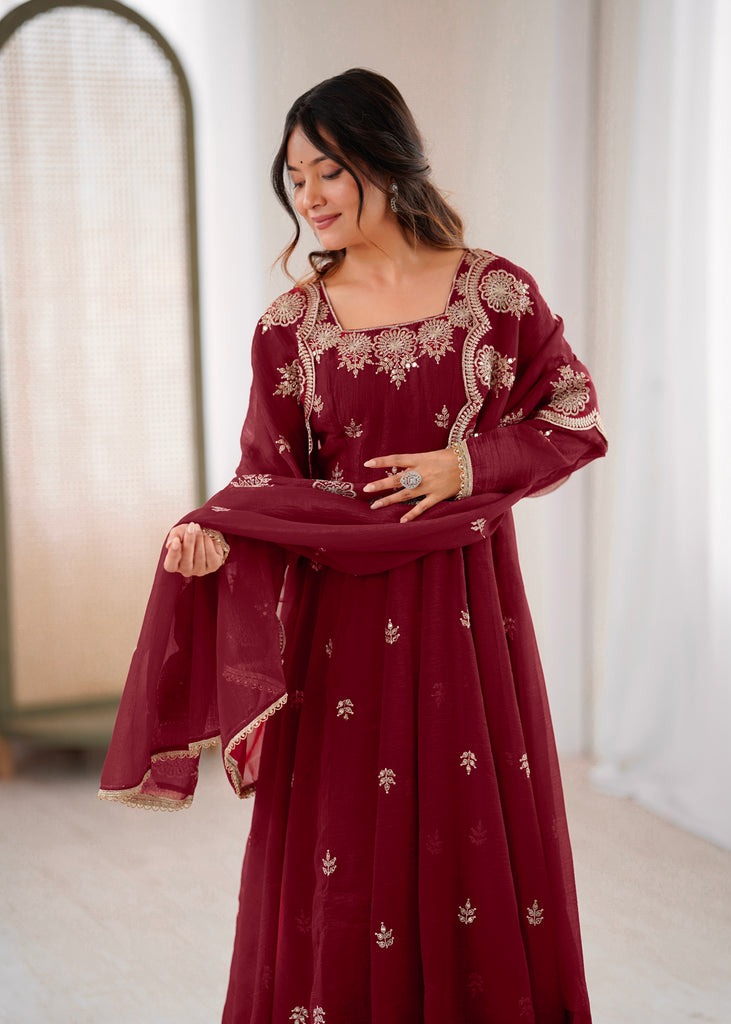 Women's Maroon Embroidered Anarkali Kurta Pant & Dupatta Set