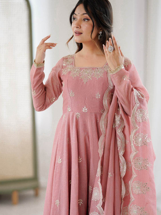 Women's Dusty Pink Embroidered Anarkali Kurta Pant & Dupatta Set