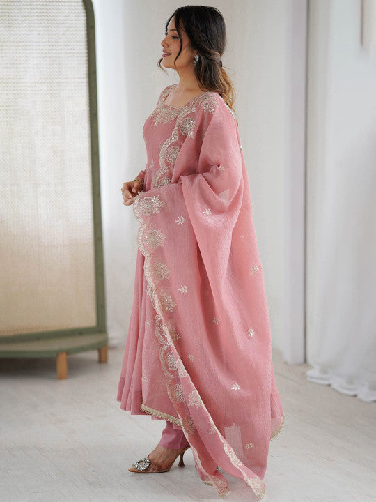 Women's Dusty Pink Embroidered Anarkali Kurta Pant & Dupatta Set