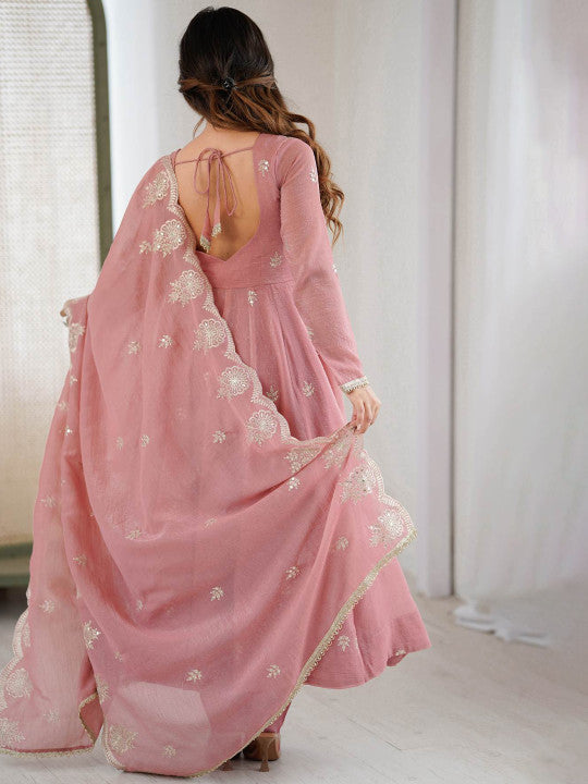 Women's Dusty Pink Embroidered Anarkali Kurta Pant & Dupatta Set