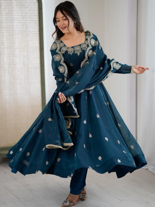 Women's Teal Blue Embroidered Anarkali Kurta Pant & Dupatta Set)
