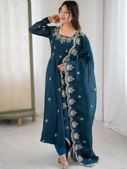 Women's Teal Blue Embroidered Anarkali Kurta Pant & Dupatta Set)