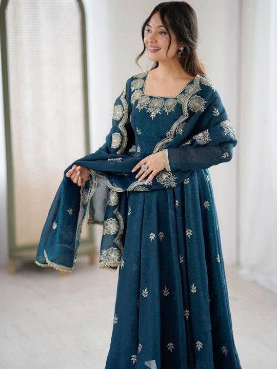 Women's Teal Blue Embroidered Anarkali Kurta Pant & Dupatta Set)