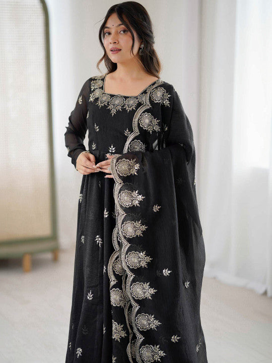 Women's Black Embroidered Anarkali Kurta Pant & Dupatta Set